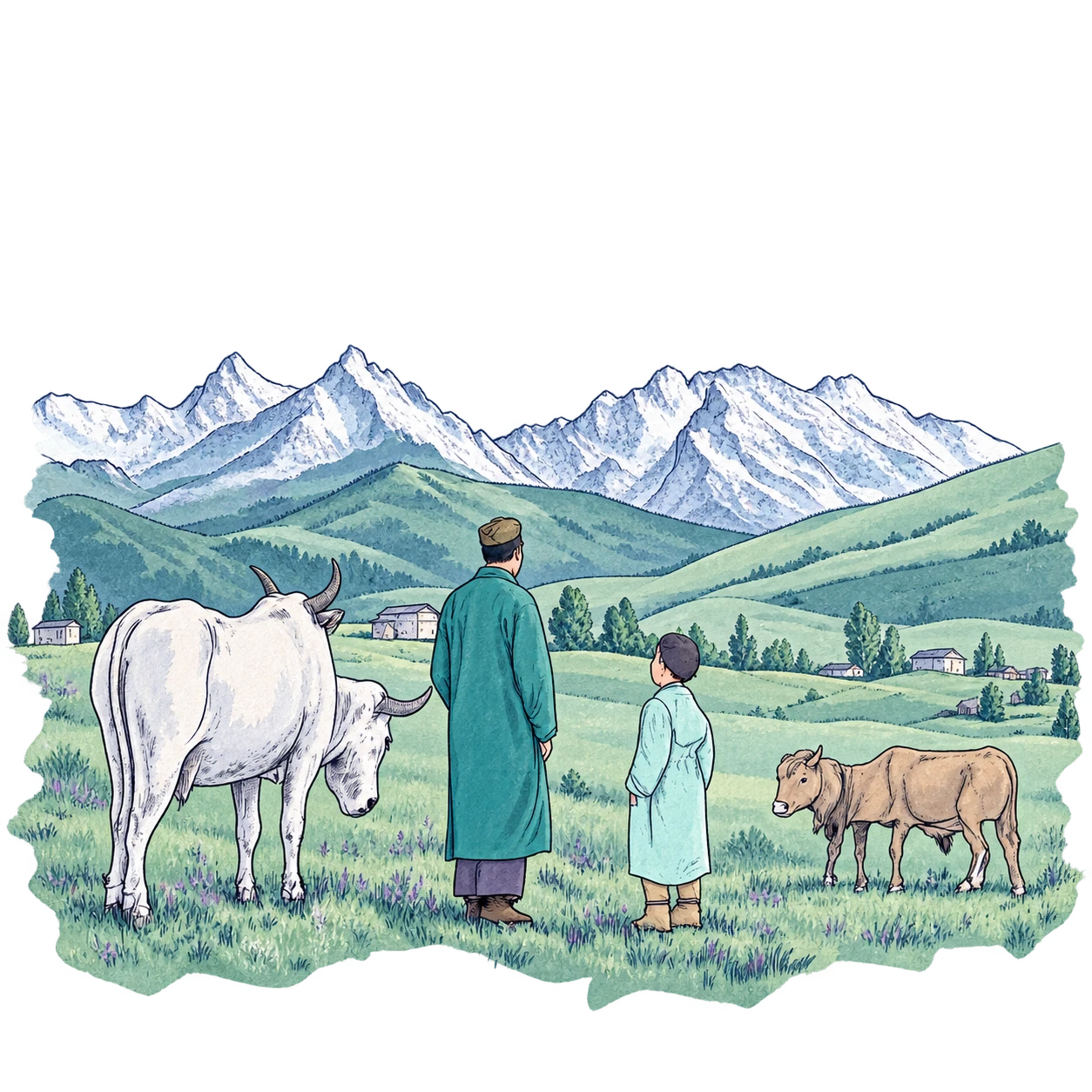 WAB artwork of a rural household with livestock